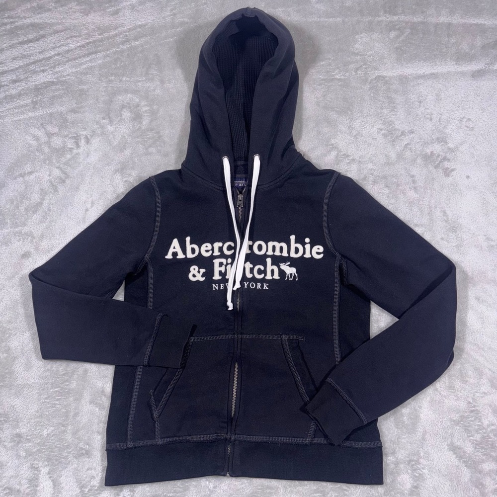 Abercrombie & Fitch Navy Blue Soft Fleece Full Zip Logo Hoodie Sweatshirt Small